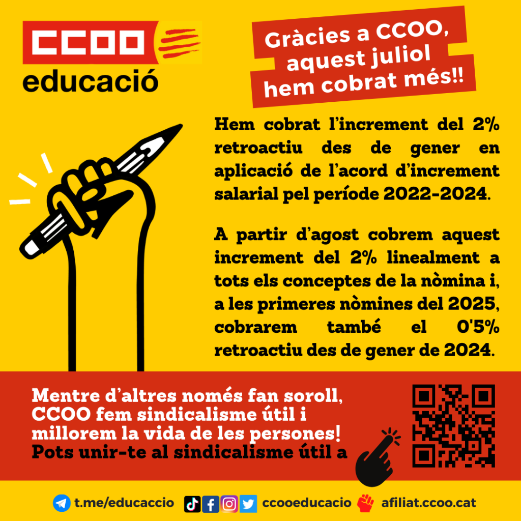 Tindrem Aquest Increment Salarial GrÀcies A Un Acord Signat Per Ccoo! (publicació D'instagram)