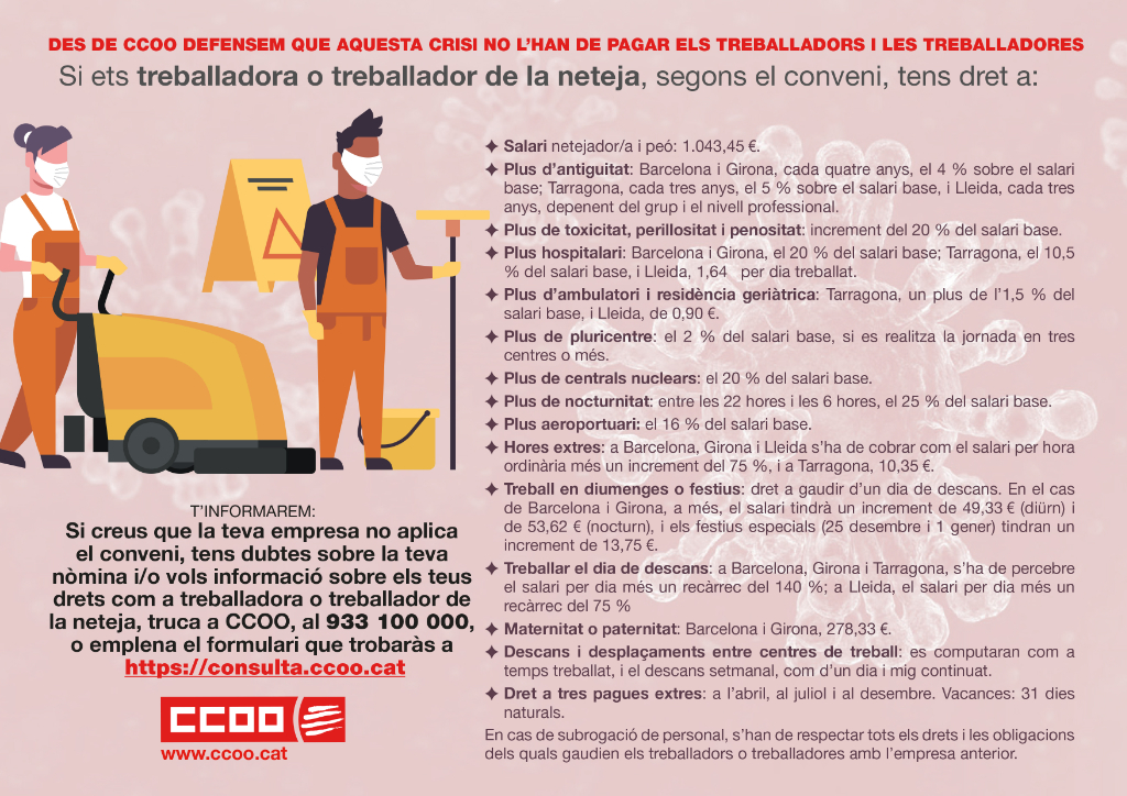 Els treballadors i treballadores de la neteja no ha de pagar la crisi del coronavirus